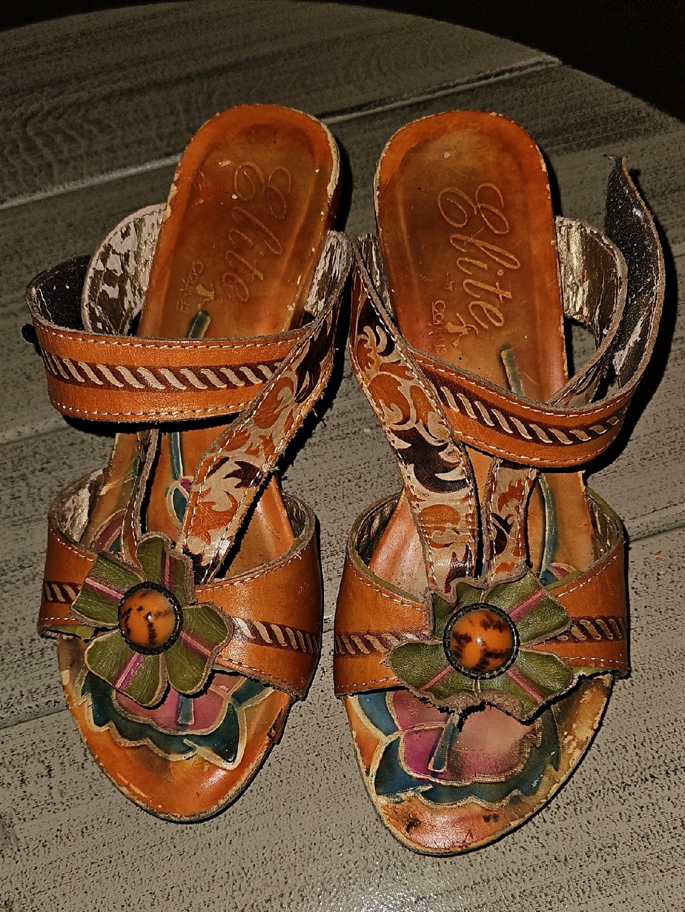 Elite Cognac Leather Floral Applique Women’s Sandals
